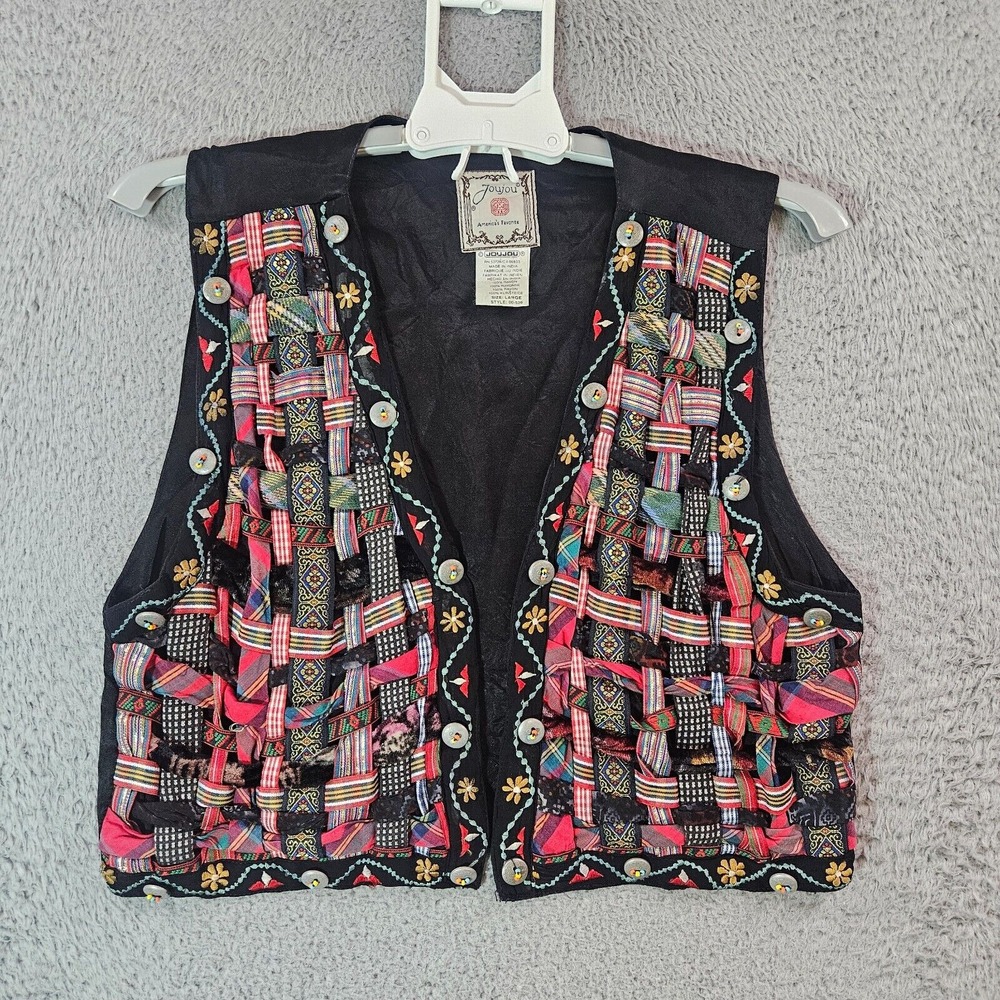 Vintage Jou Jou Cropped Vest Women Large Ribbon Woven Open Front Multicolor - L